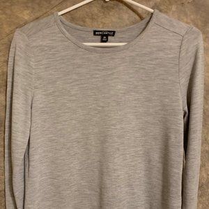 long-sleeved, gray shirt